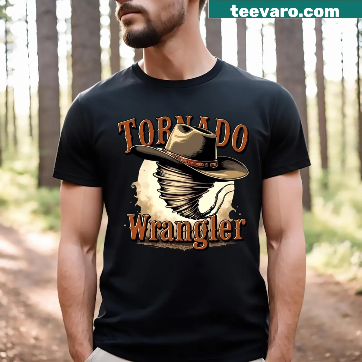 Illustrative t-shirt featuring a tornado and cowboy theme — on a men's t-shirt