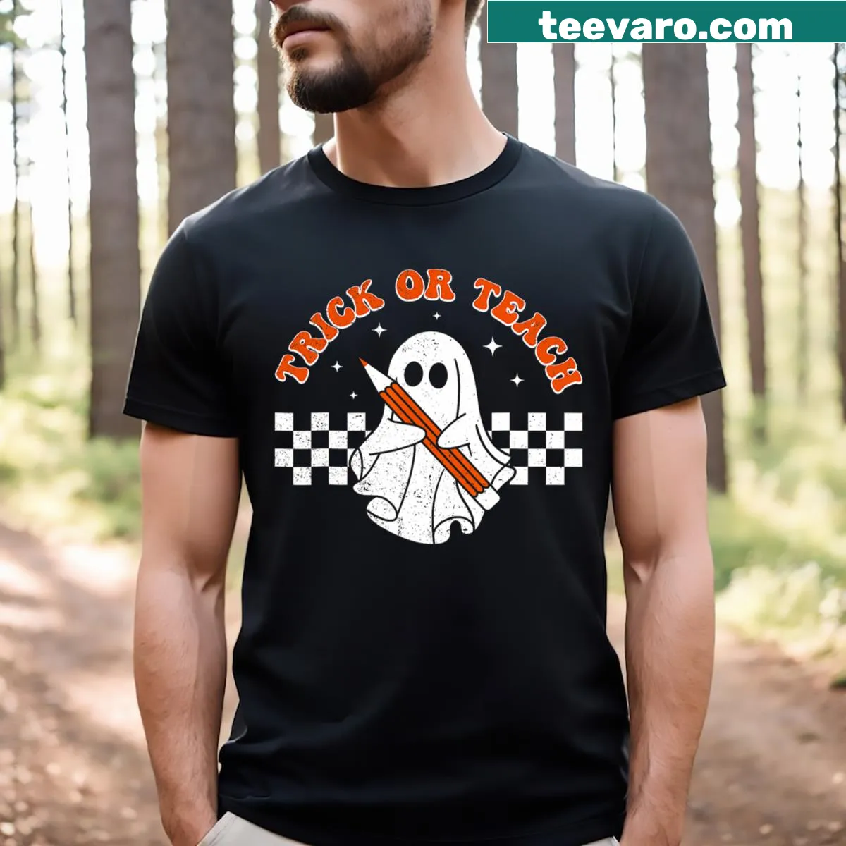 Halloween teacher T-shirt with retro ghost and floral design — on a men's t-shirt