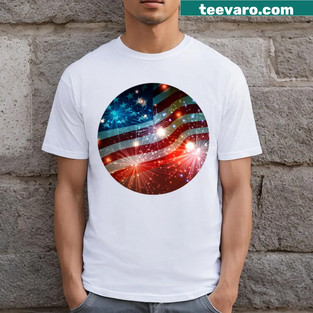 USA flag with fireworks graphic t-shirt — on a men's t-shirt
