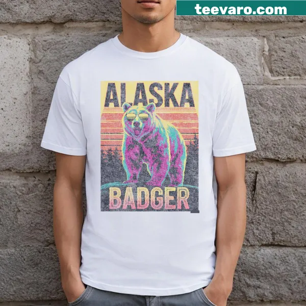 Vintage badger and sunset graphic on a distressed T-shirt