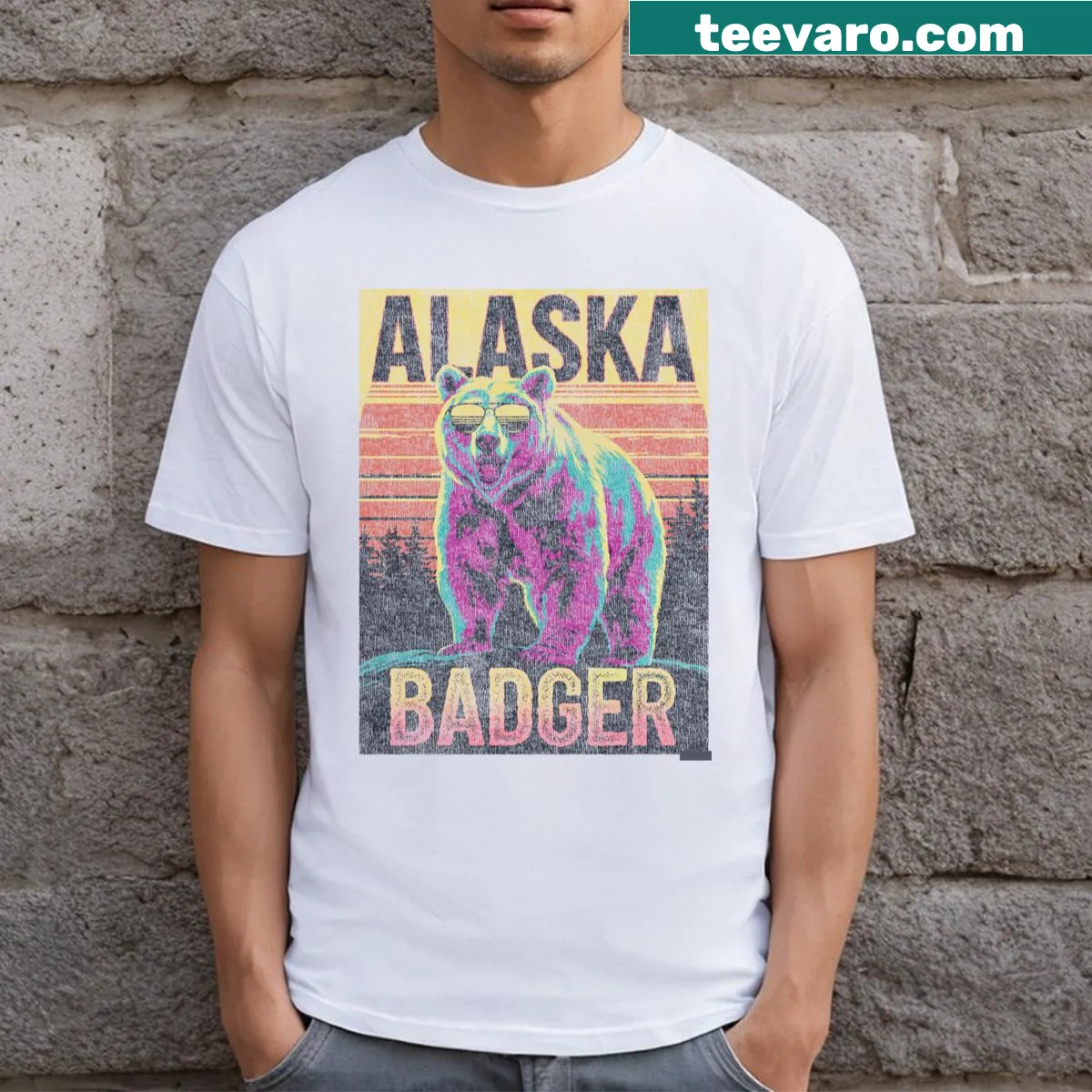 Vintage badger and sunset graphic on a distressed T-shirt — on a men's t-shirt