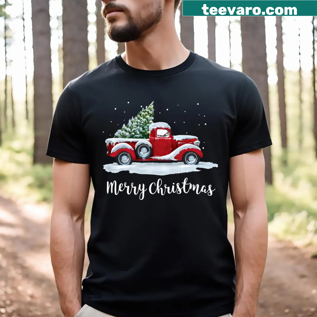 Vintage red truck Christmas t-shirt with a tree design — on a men's t-shirt