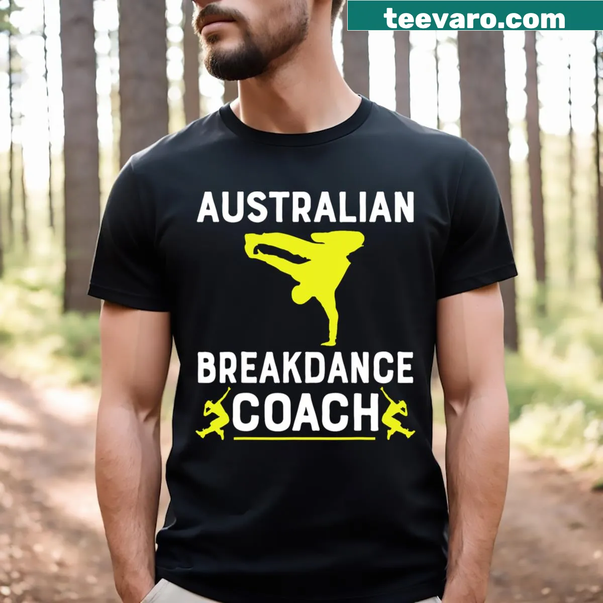 Illustration of a break dancer on a humorous dad-themed t-shirt — on a men's t-shirt
