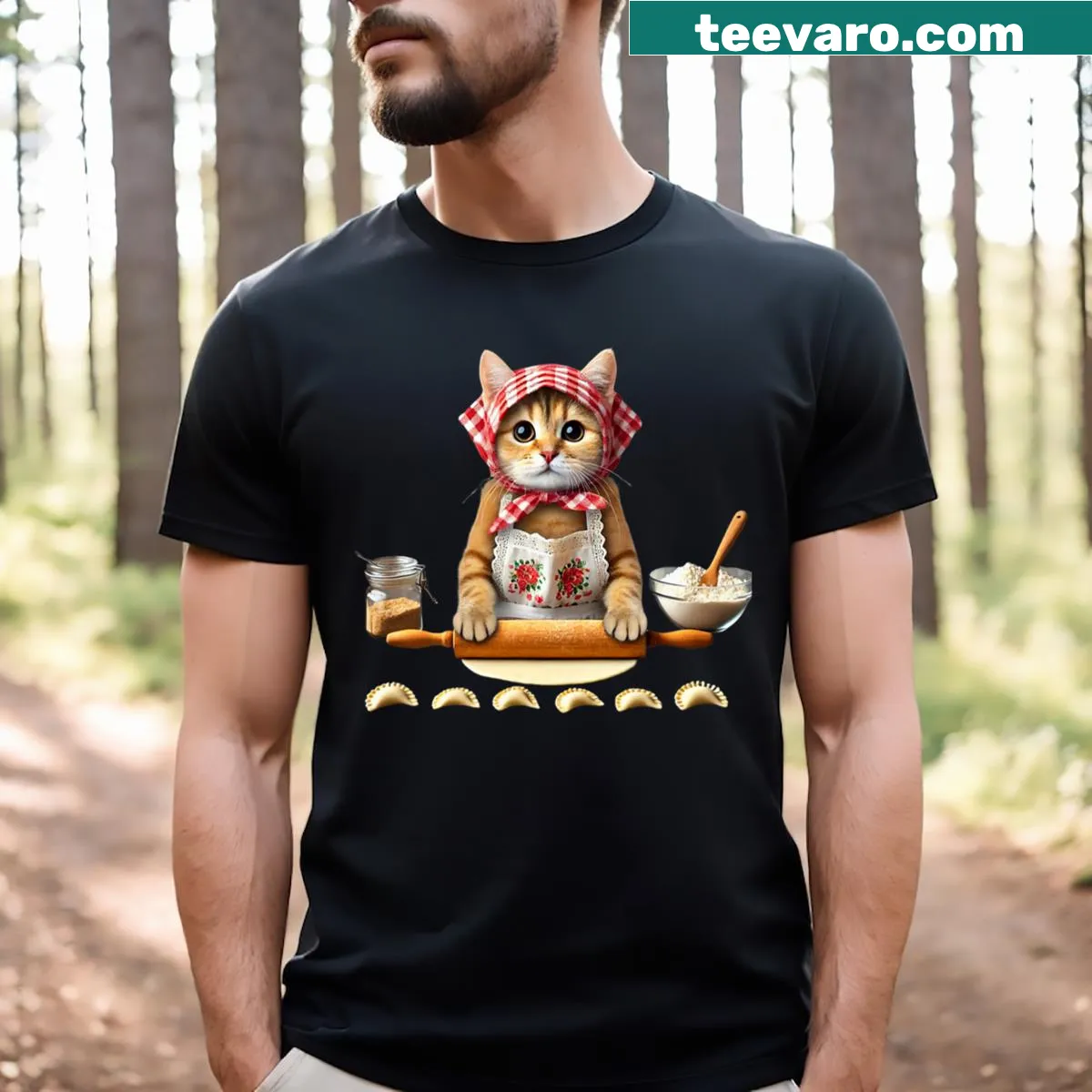 Charming graphic of a cat making pierogi on a t-shirt — on a men's t-shirt