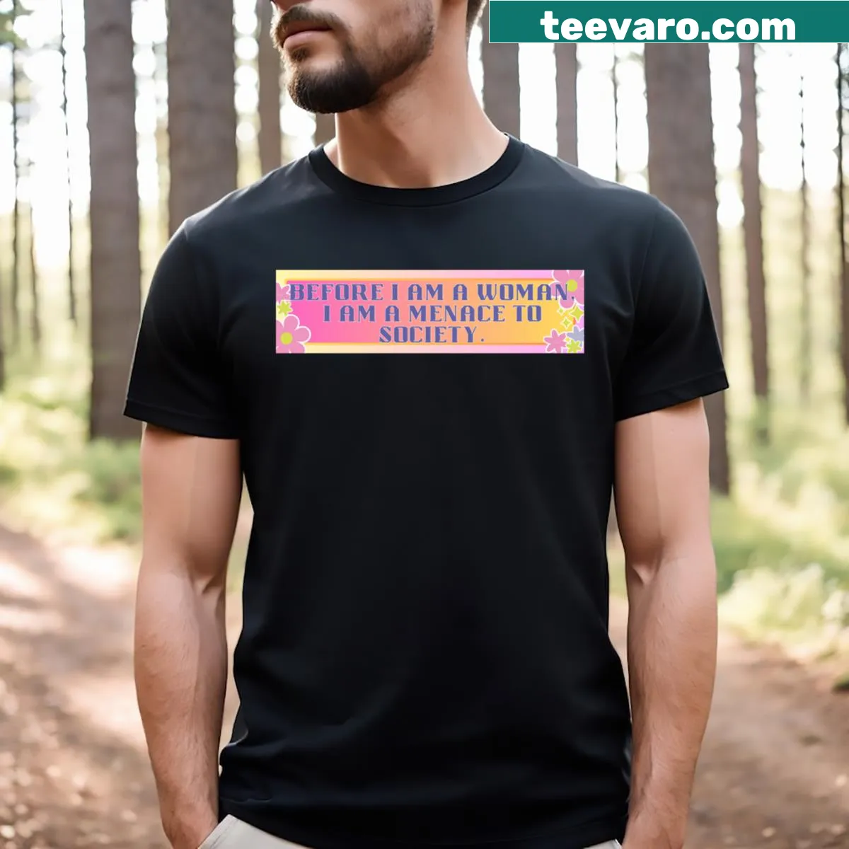 Ombre T-shirt with floral design and bold text about being a menace to society — on a men's t-shirt