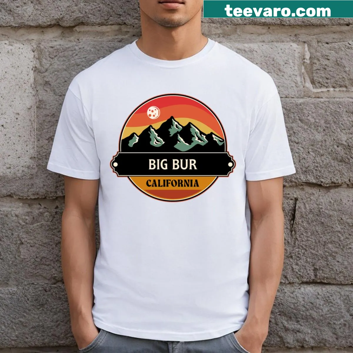 Scenic T-shirt featuring Big Sur California coastline illustration — on a men's t-shirt