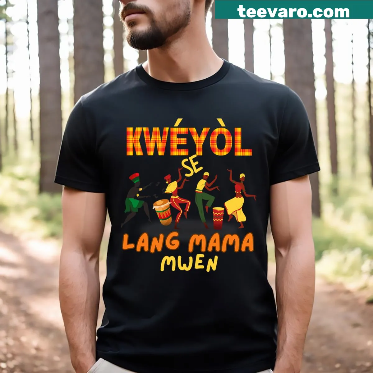 T-shirt celebrating Jounen Kweyol with 'Bonne Fete' graphic — on a men's t-shirt