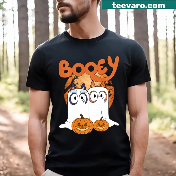 Kids long sleeve T-shirt with a cartoon Blue Heeler and the word 'Booey' for Halloween