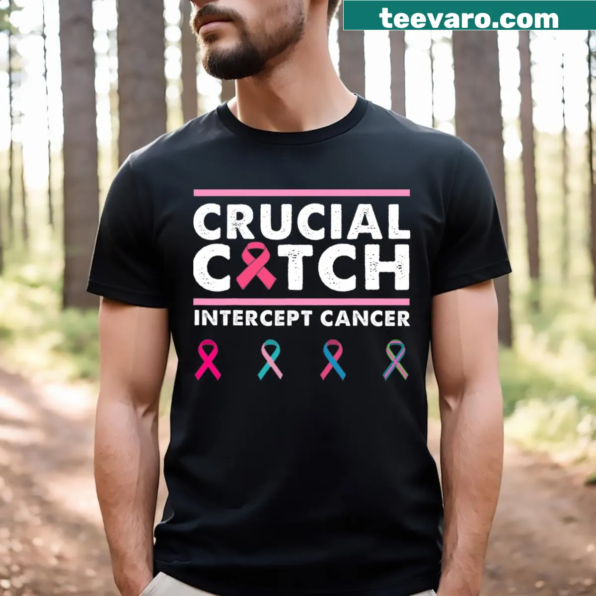Awareness shirt featuring Crucial A Catch Intercept Cancer text — on a men's t-shirt