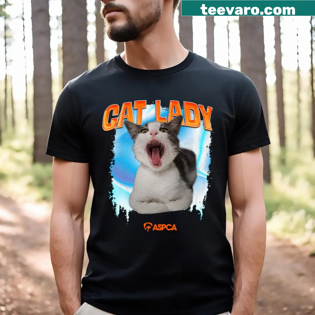 Whimsical cat lady graphic t-shirt — on a men's t-shirt