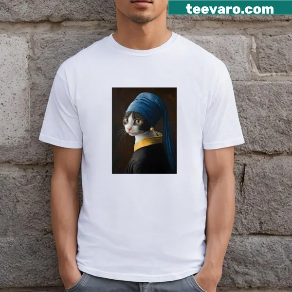 Illustration of a cat with a pearl earring on a classic t-shirt