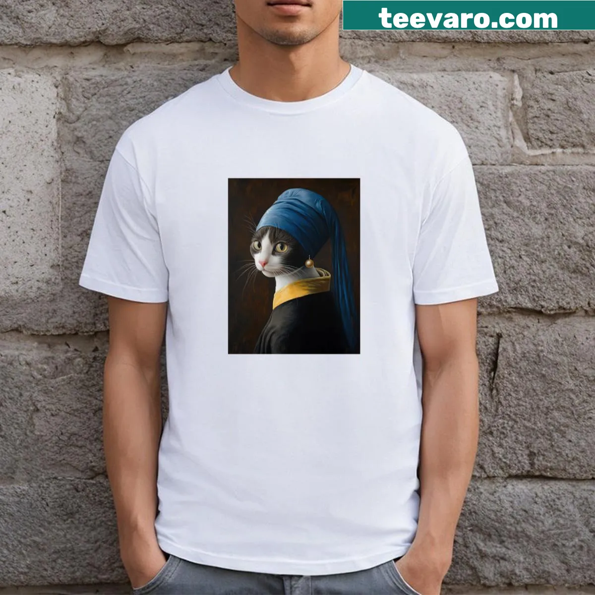 Illustration of a cat with a pearl earring on a classic t-shirt — on a men's t-shirt