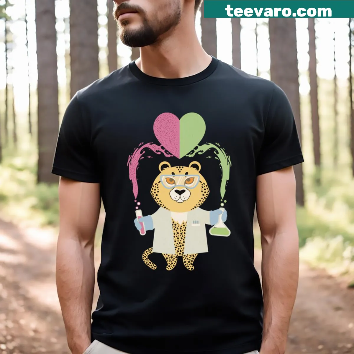 Silhouette T-shirt featuring a cheetah with a science theme — on a men's t-shirt