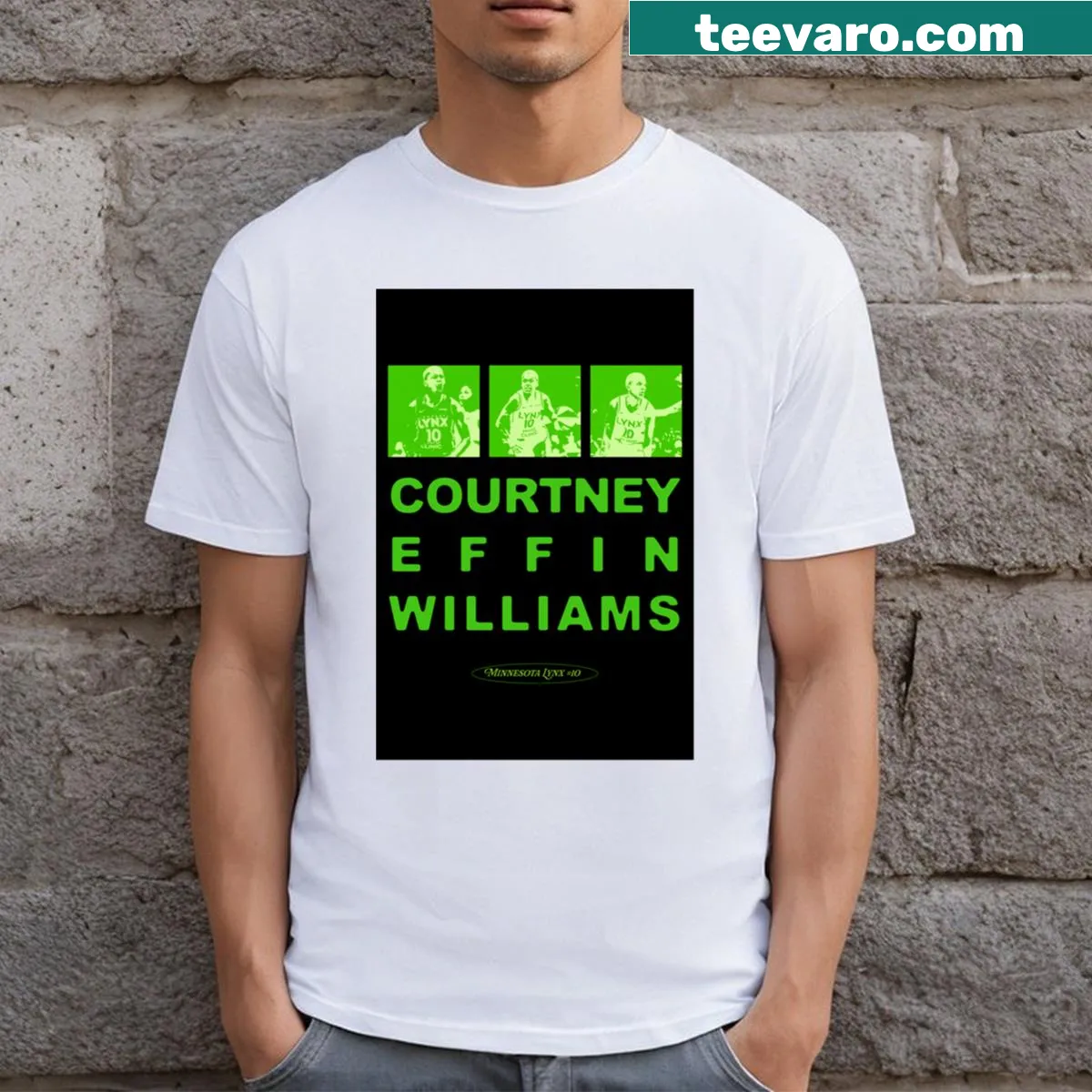 T-shirt featuring the name Courtney Williams in bold typography — on a men's t-shirt