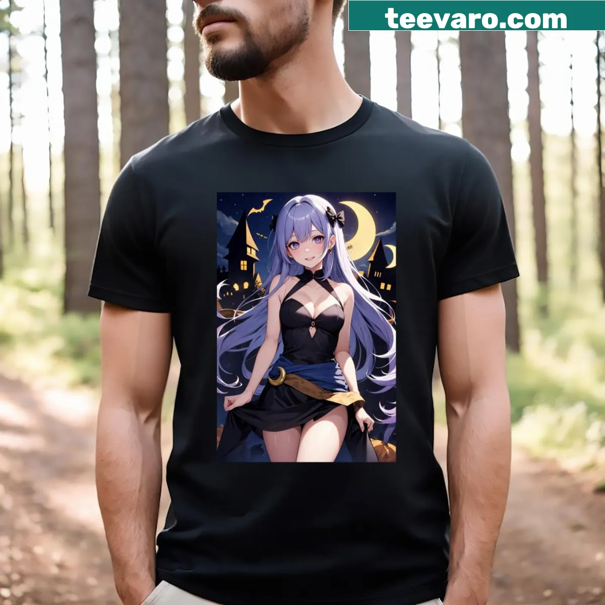 Cute Halloween anime girl graphic t-shirt — on a men's t-shirt