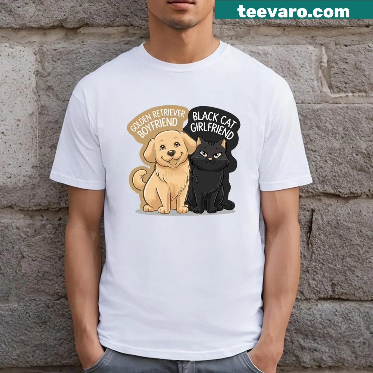 T-shirt featuring a kawaii golden retriever and black cat couple design — on a men's t-shirt
