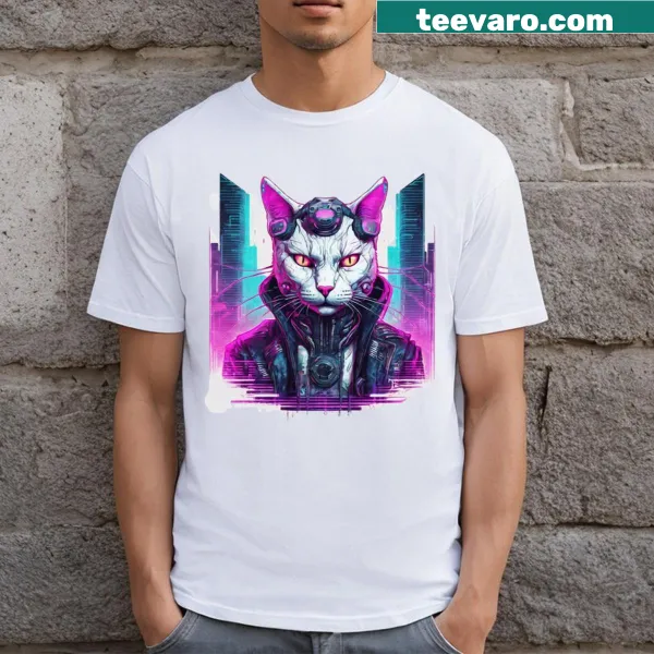 Cyberpunk feline warrior graphic on a classic t-shirt