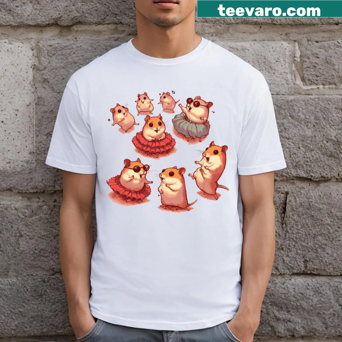 Cartoon hamster dancing in its wheel on classic t-shirt — on a men's t-shirt