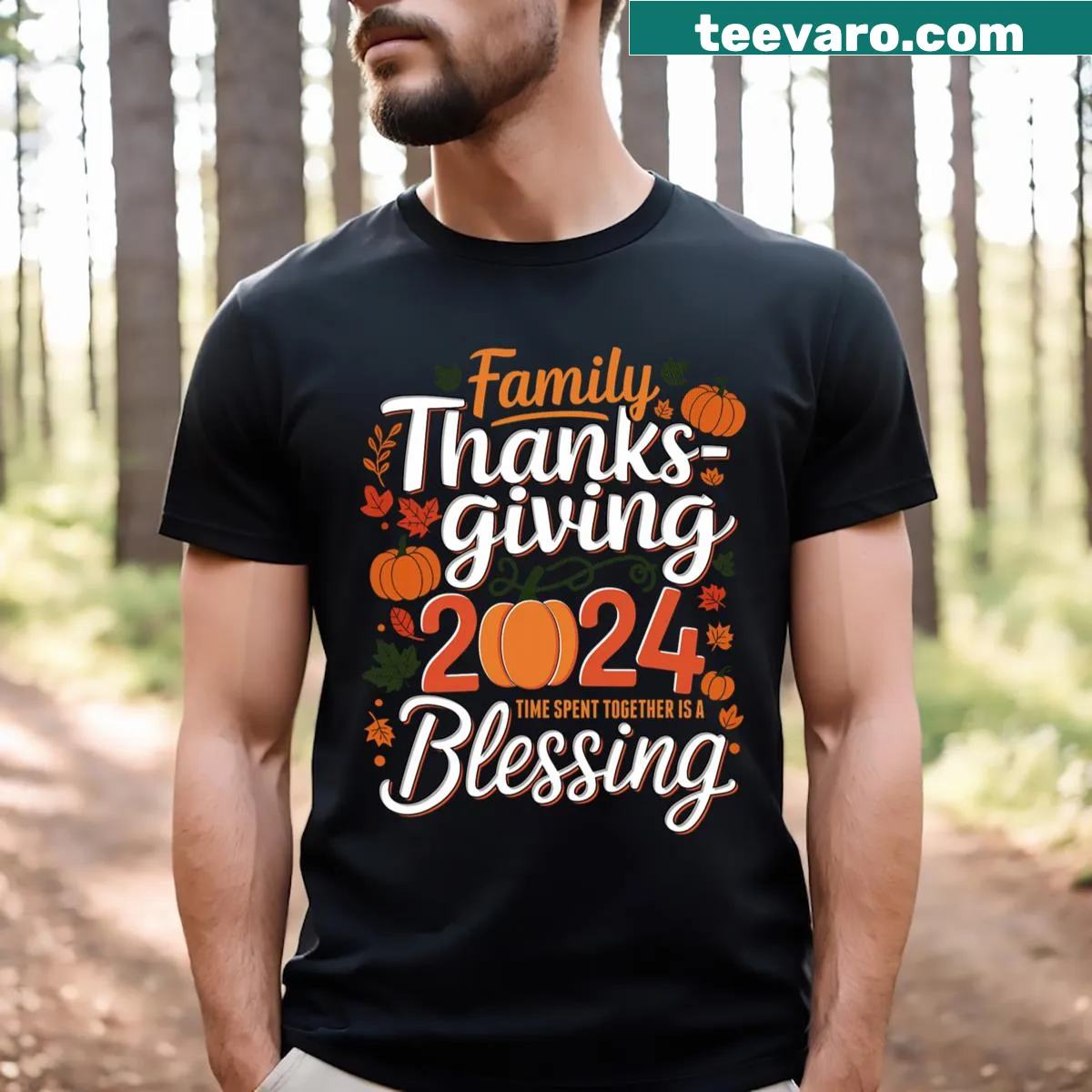 Thanksgiving crew t-shirt with festive graphic and text for family — on a men's t-shirt
