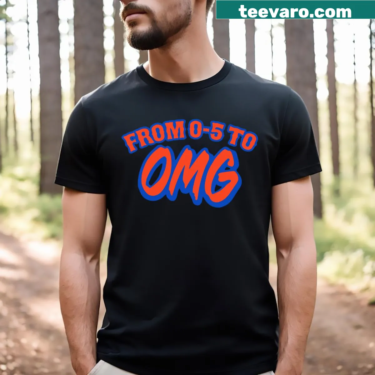 New York-themed t-shirt with playful phrase From 0 5 To Omg — on a men's t-shirt
