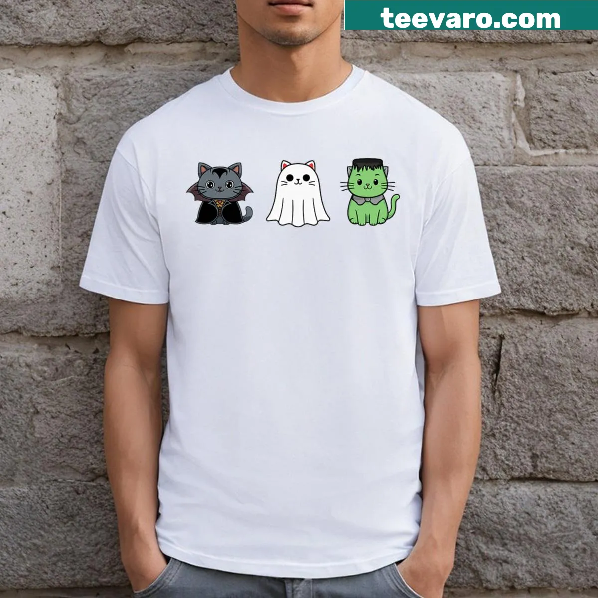T-shirt with cartoon cats in Halloween costumes like Dracula and Frankenstein — on a men's t-shirt
