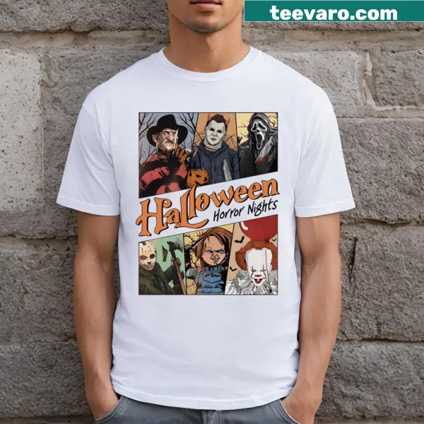 Halloween-themed t-shirt with horror illustrations