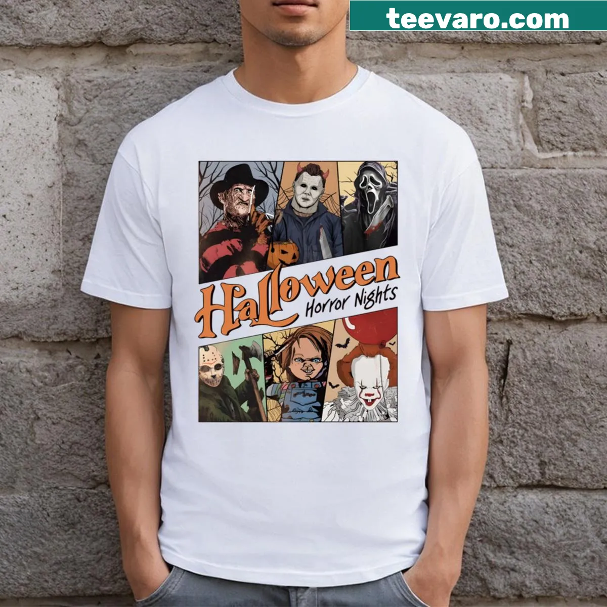 Halloween-themed t-shirt with horror illustrations — on a men's t-shirt