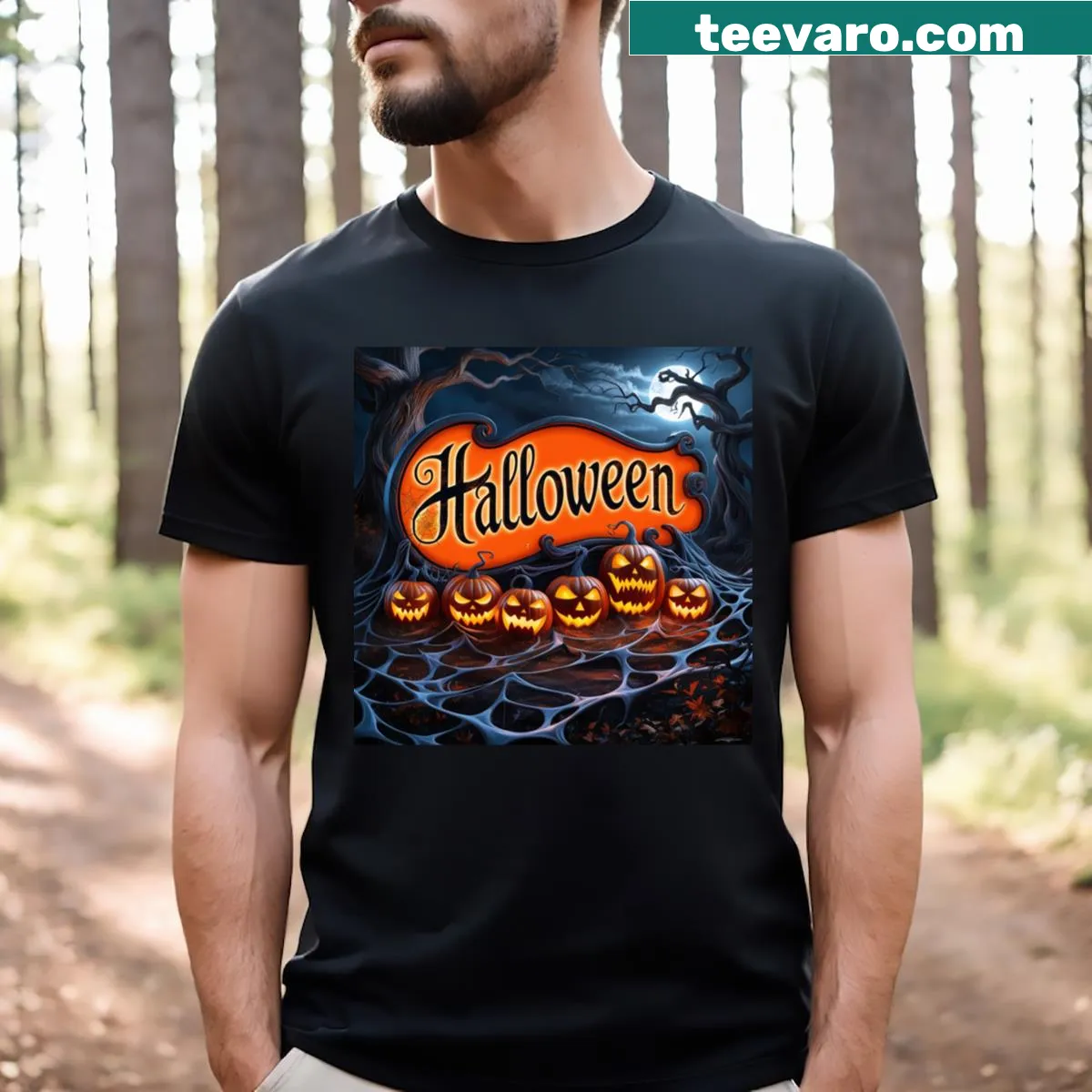 Classic Halloween shirt featuring glowing pumpkins in a fun design — on a men's t-shirt