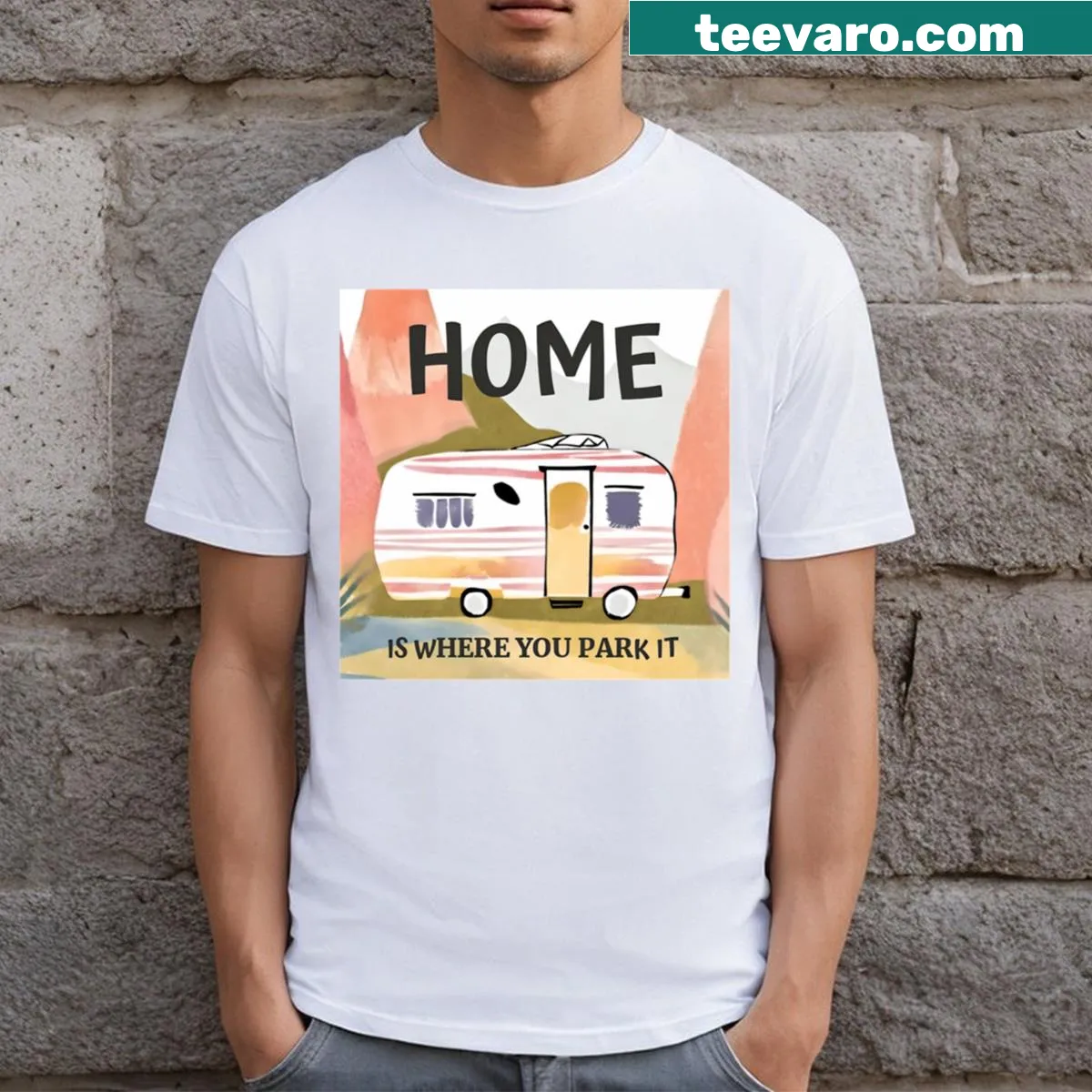 Vintage camper graphic t-shirt showcasing a retro camper design — on a men's t-shirt