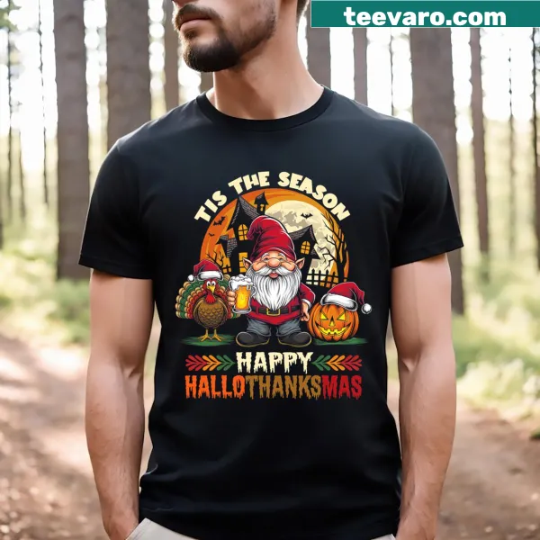 Hallothanksmas-themed T-shirt combining Halloween, Thanksgiving, and Christmas designs