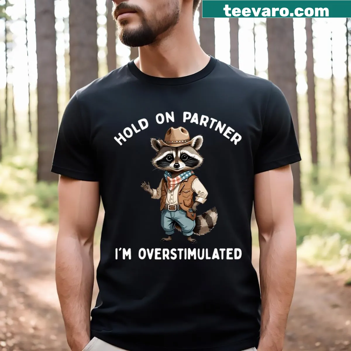 Cute cowboy raccoon with funny text on a classic t-shirt — on a men's t-shirt
