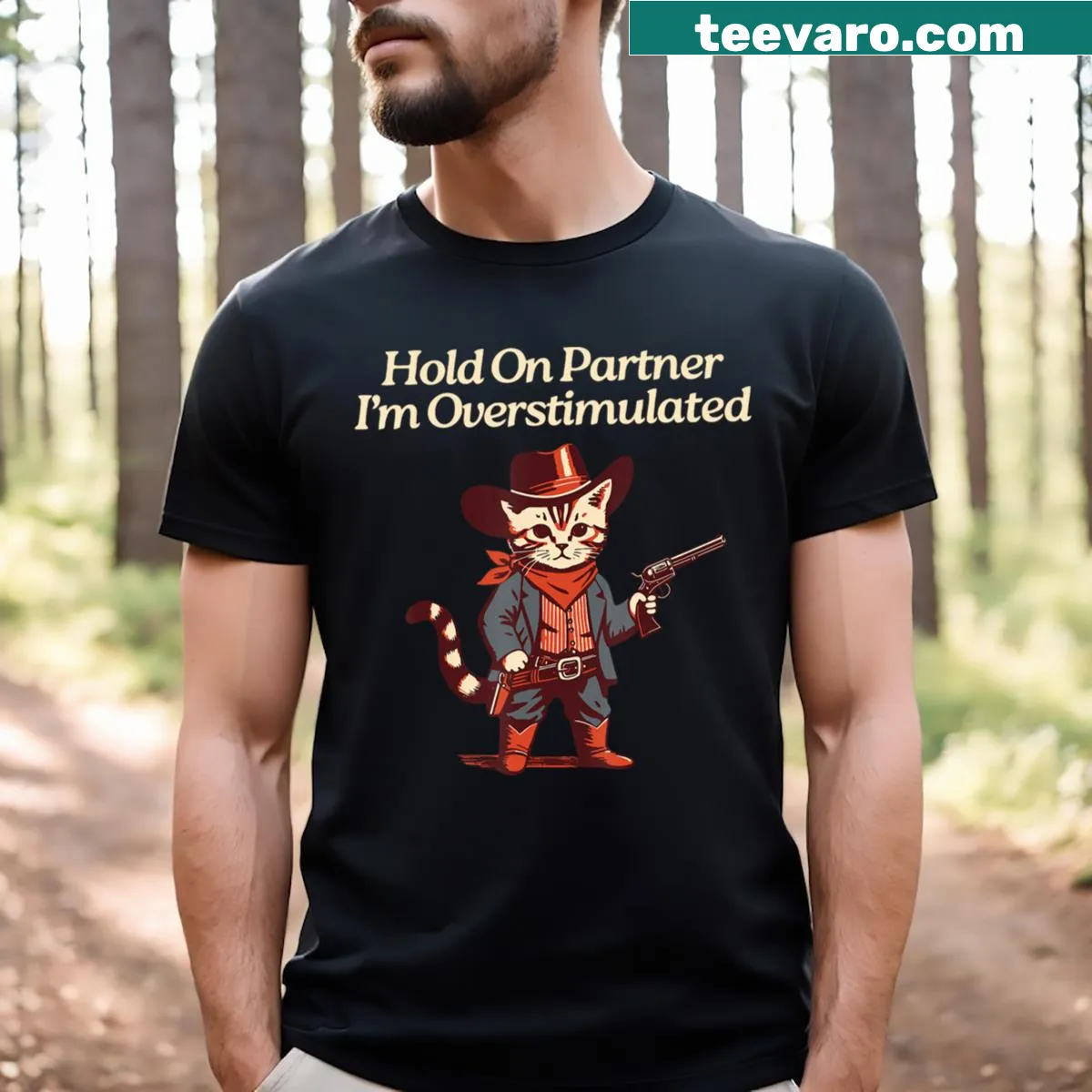 Cute cowboy cat graphic t-shirt — on a men's t-shirt