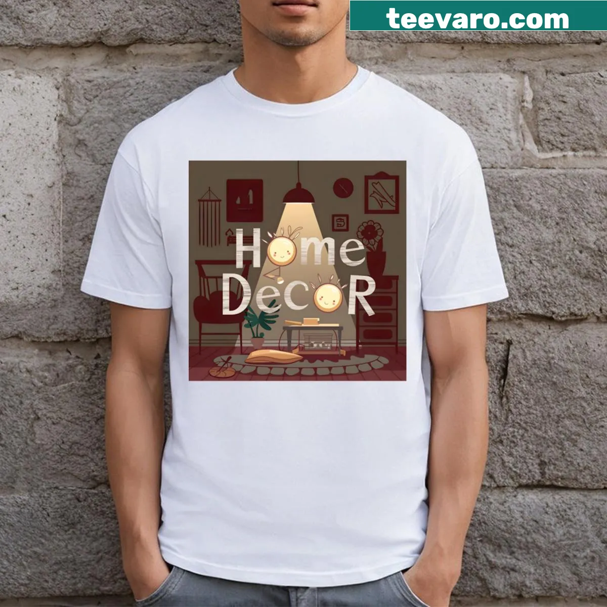 Text-based graphic t-shirt celebrating home decor — on a men's t-shirt