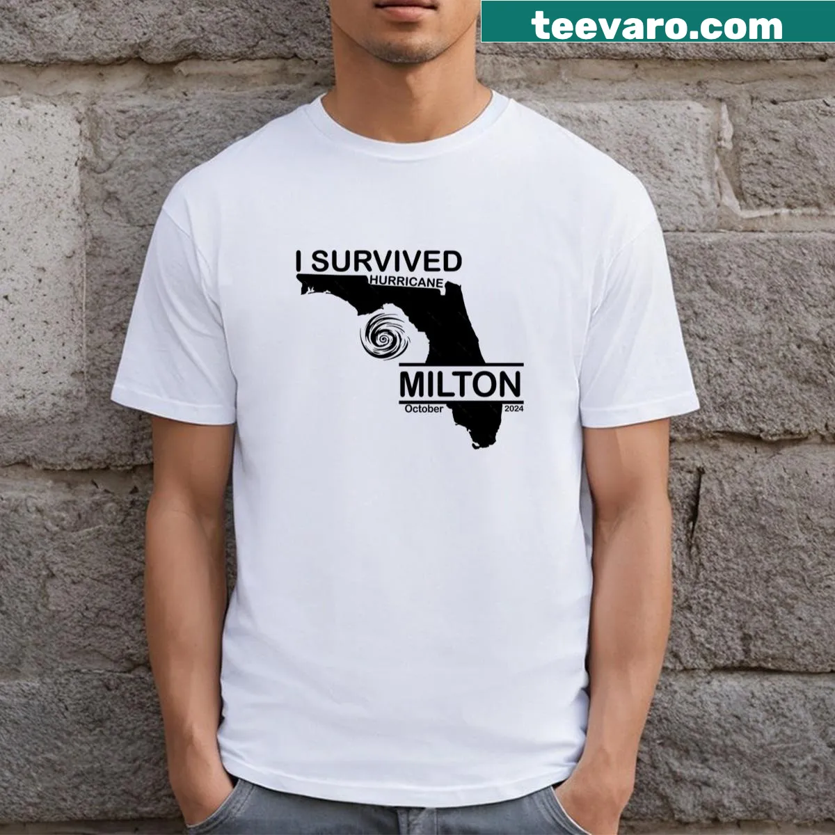 Graphic tee stating I Survived Hurricane Milton with date and location — on a men's t-shirt