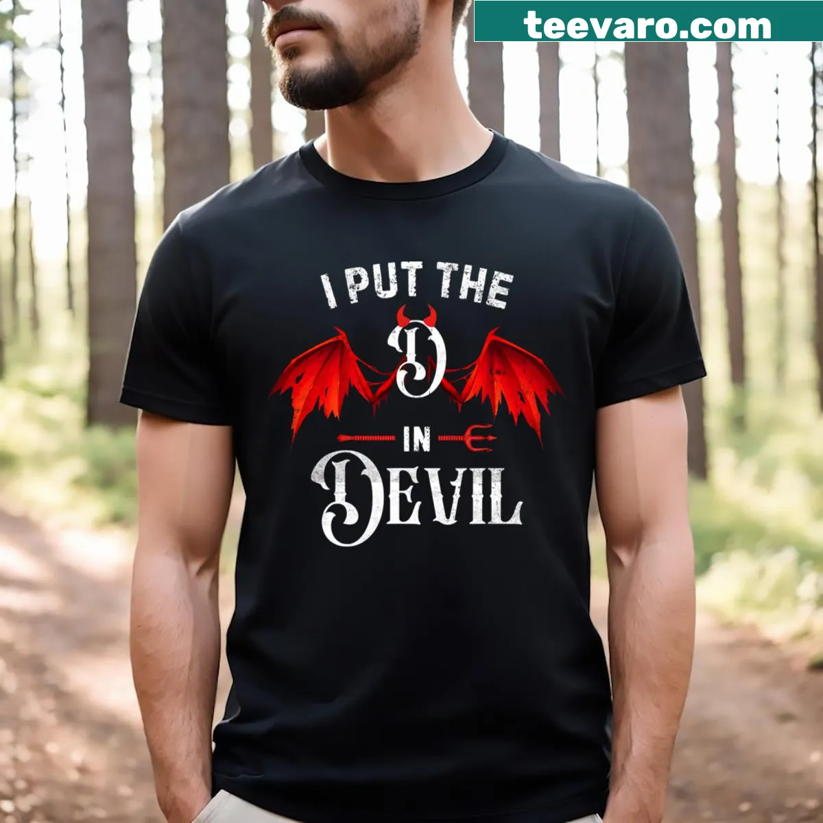 Matching couple's t-shirt with a humorous Halloween saying — on a men's t-shirt
