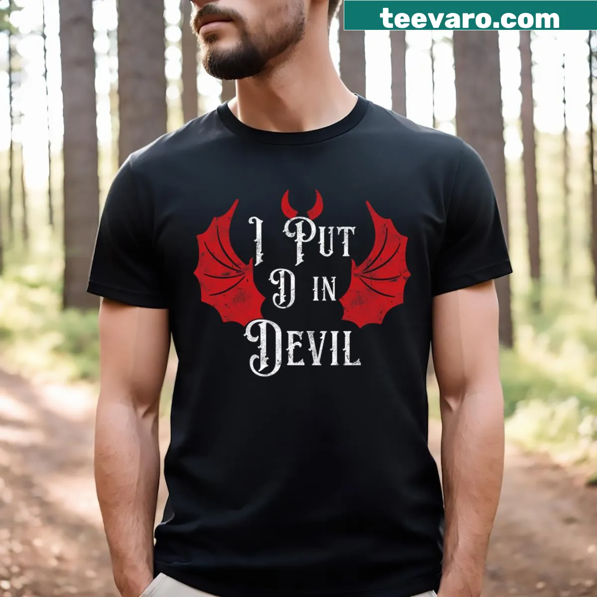 Couple Halloween t-shirt stating I Put The D In Devil — on a men's t-shirt