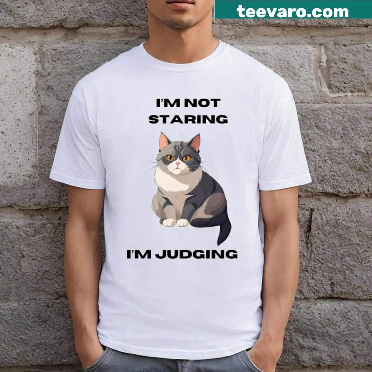 Funny t-shirt for cat lovers with a humorous quote about judging — on a men's t-shirt