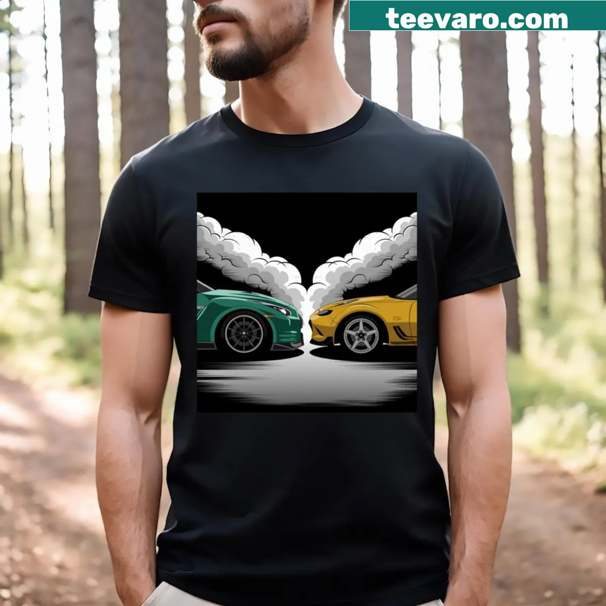 Classic T-shirt featuring illustrations of Nissan GT-R and Mazda RX-7 — on a men's t-shirt