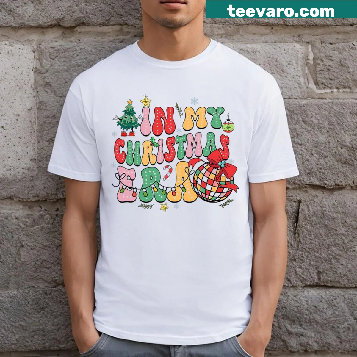 Cute Christmas t-shirt with groovy text celebrating the festive season — on a men's t-shirt