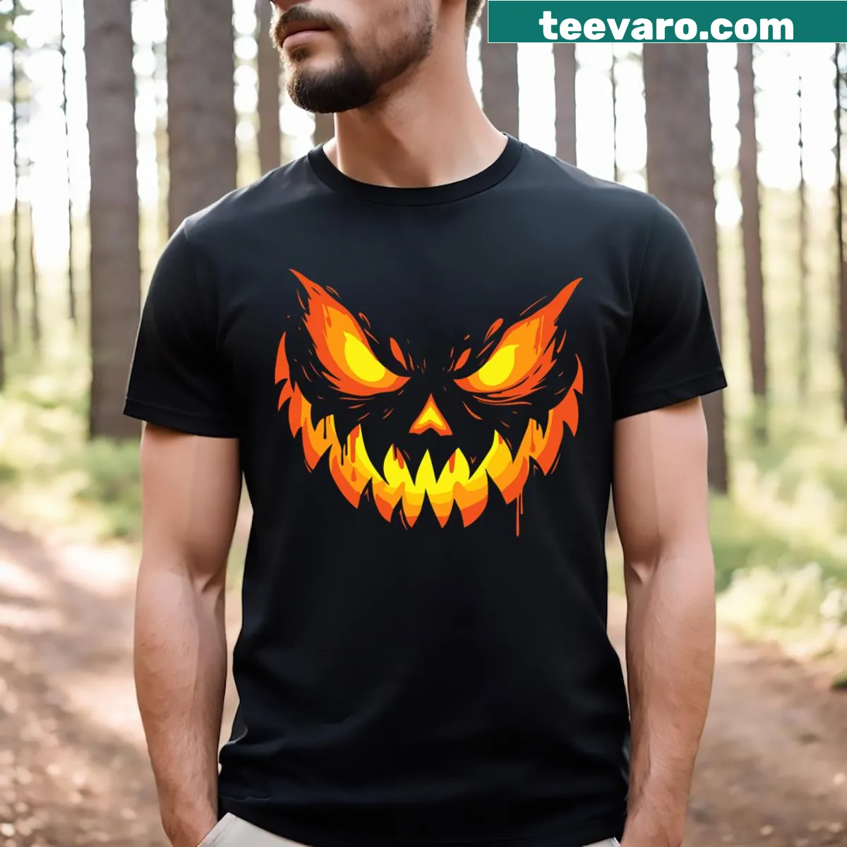 Halloween T-shirt with a scary jack-o-lantern design — on a men's t-shirt