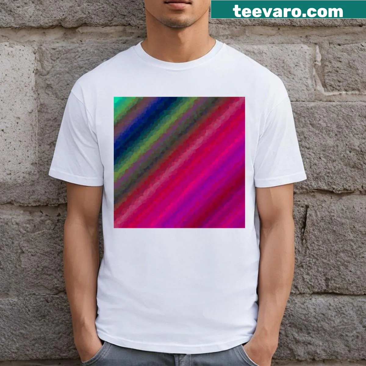 Abstract graphic t-shirt with geometric shapes and typography — on a men's t-shirt