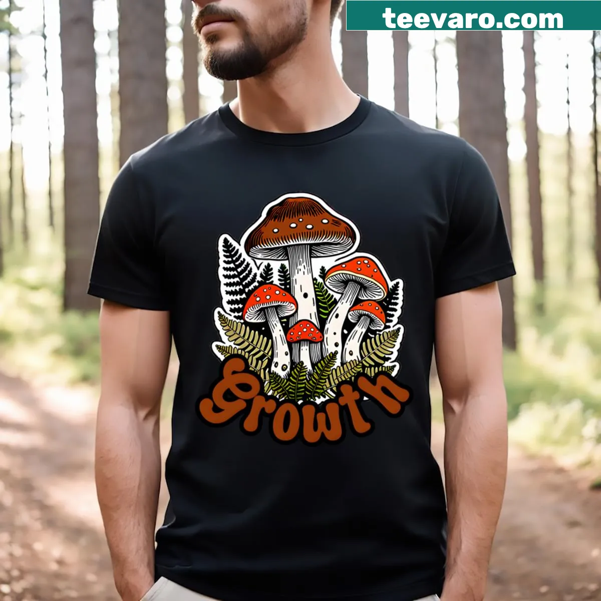 T-shirt depicting mushrooms and ferns with the word growth — on a men's t-shirt