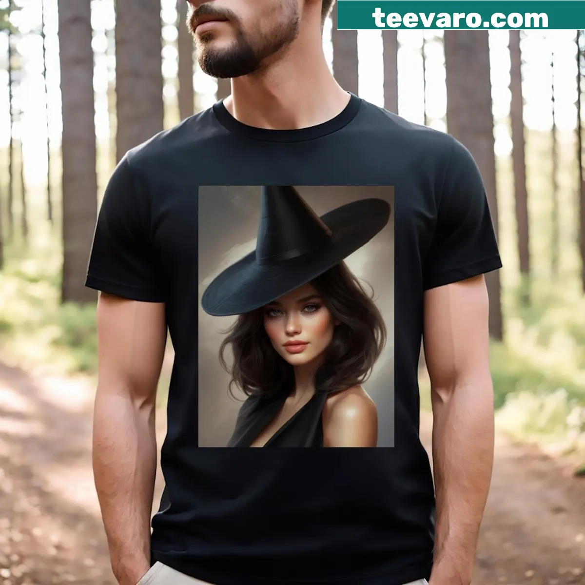 Illustration of a mystical witch in dark attire on a classic t-shirt — on a men's t-shirt