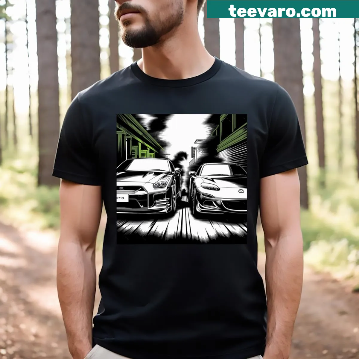 Graphic t-shirt featuring Nissan GT-R and Mazda RX-7 — on a men's t-shirt