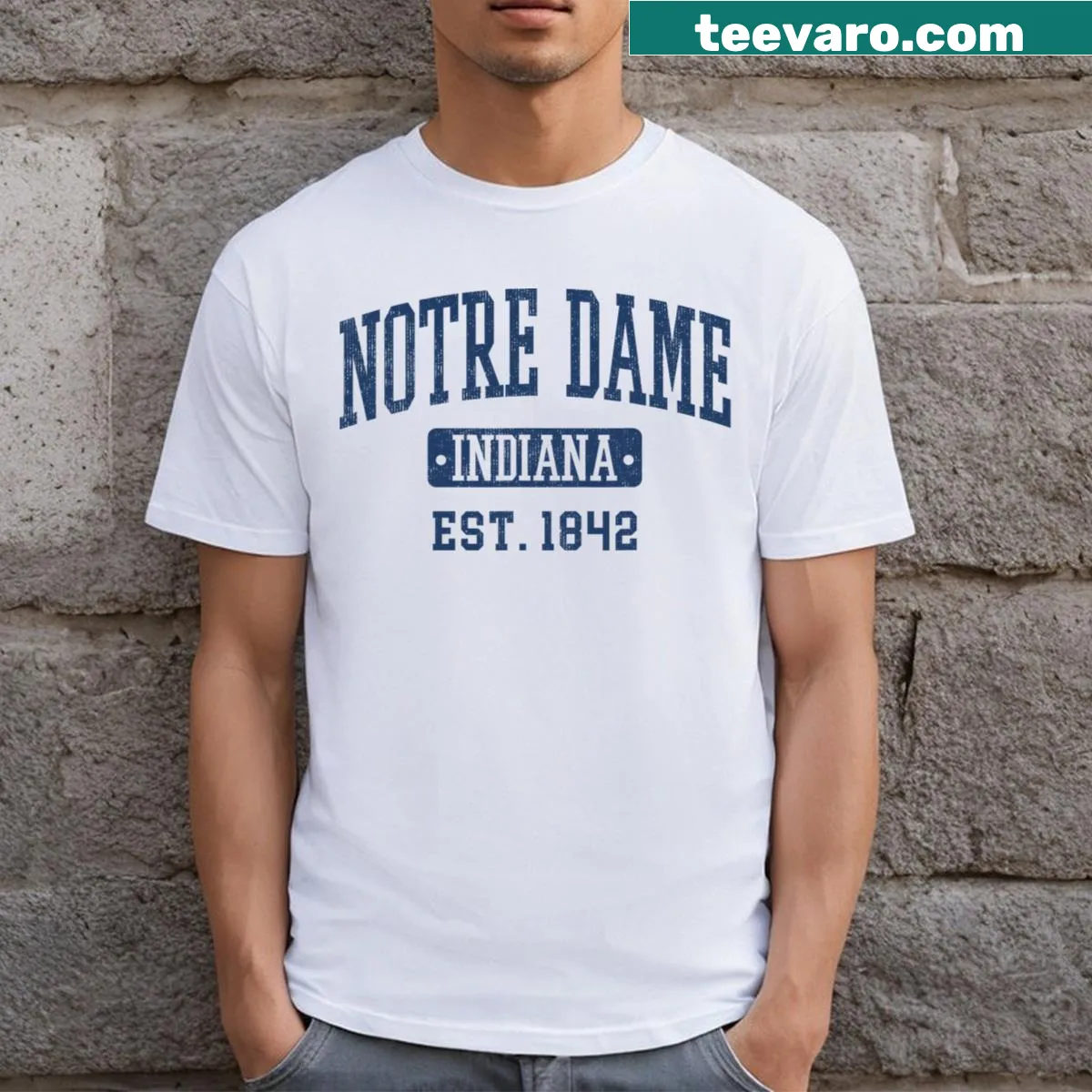 Vintage athletic Notre Dame T-shirt with varsity sports design — on a men's t-shirt