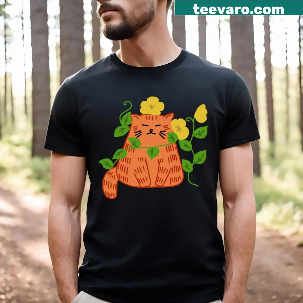Classic T-shirt featuring an orange cat and vine design — on a men's t-shirt