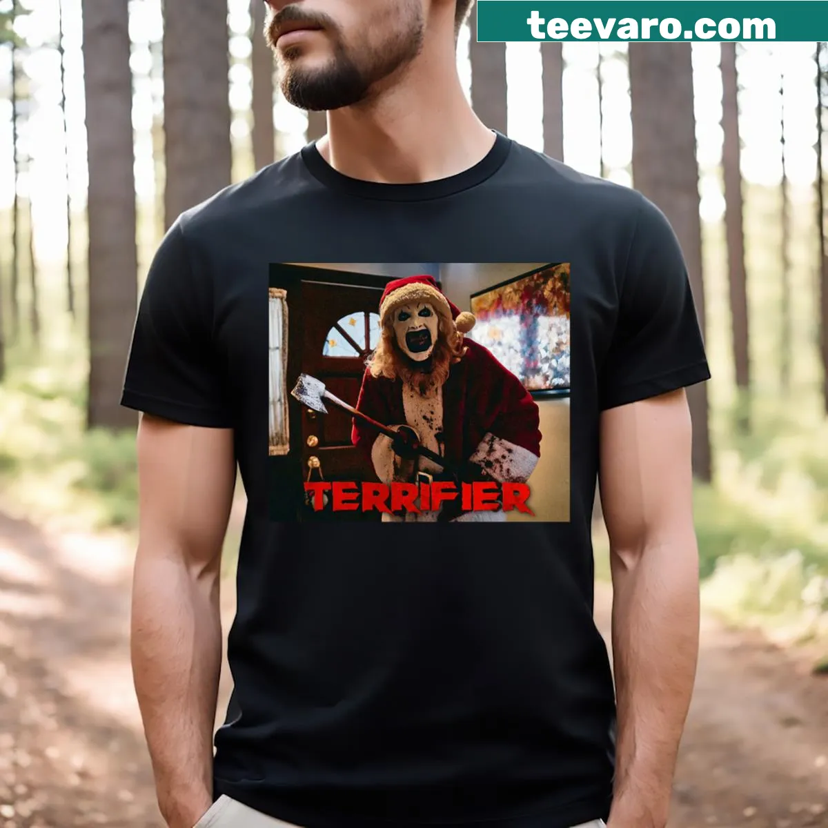 T-shirt design featuring a scary clown dressed as Santa — on a men's t-shirt