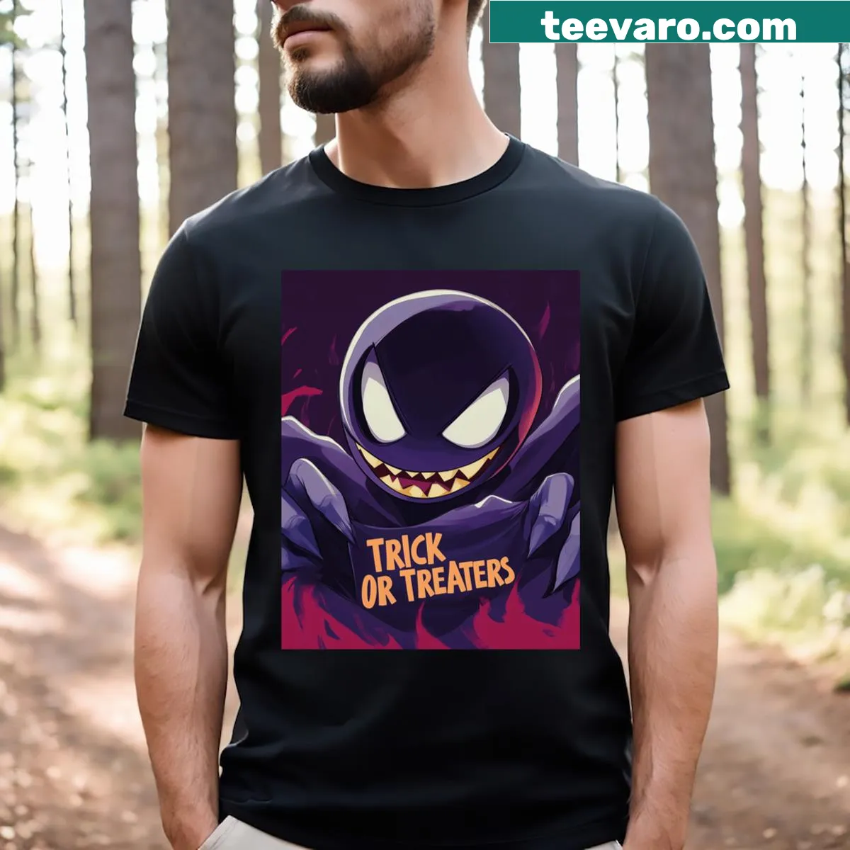 Cartoon Halloween t-shirt featuring Shadow Jack for trick-or-treating — on a men's t-shirt