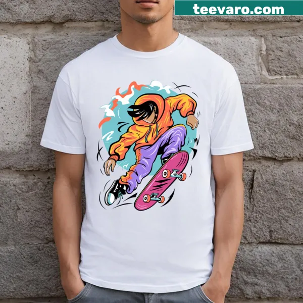 Cartoon-style T-shirt featuring a skateboarder in action
