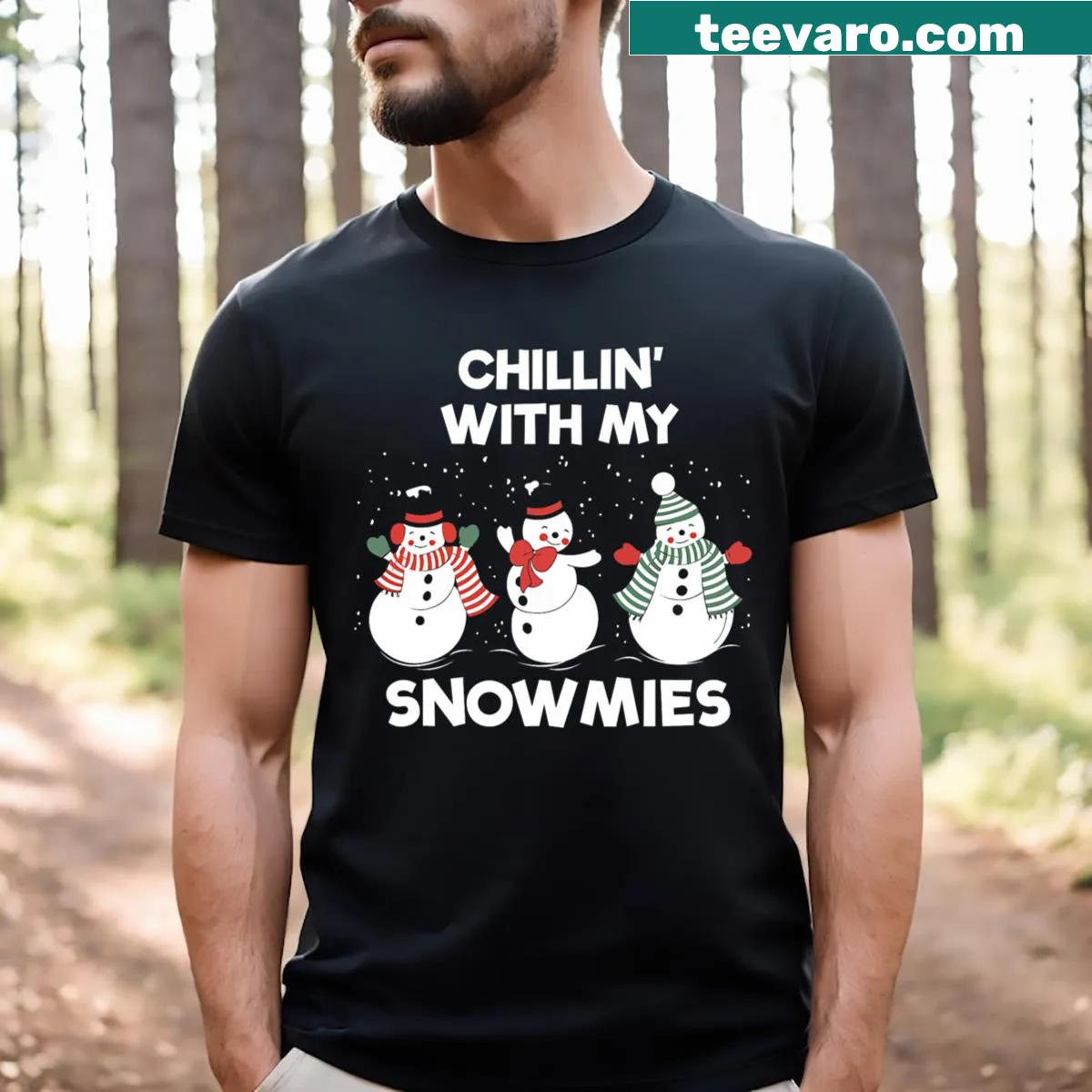 Cute Christmas T-shirt with snowman and 'Chillin With My Snowmies' text — on a men's t-shirt